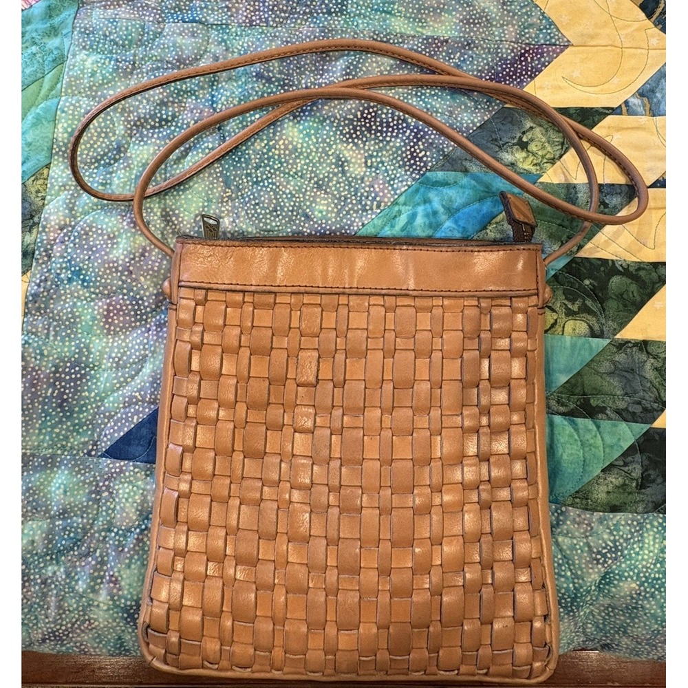 Patricia Nash Woven Leather Crossbody Shoulder Bag Purse Brown Zipper Snap GUC